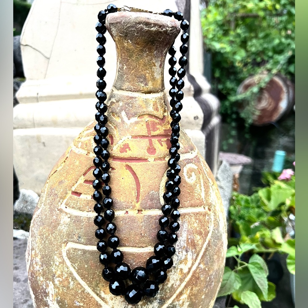 VTG 66g French Jet Glass Graduated Faceted Round Bead Double Strand Necklace 18"